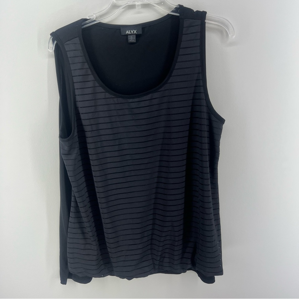 ALYX black Striped sleeveless top w/ gathered hem on bottom front size XL.